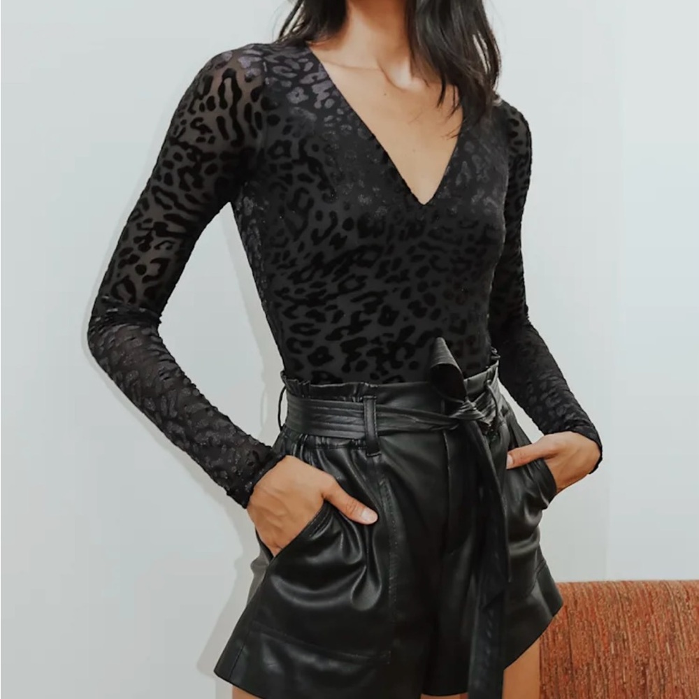 Lulu's Nocturnal Creature Black Cheetah Print Velvet Mesh Bodysuit XS NWOT